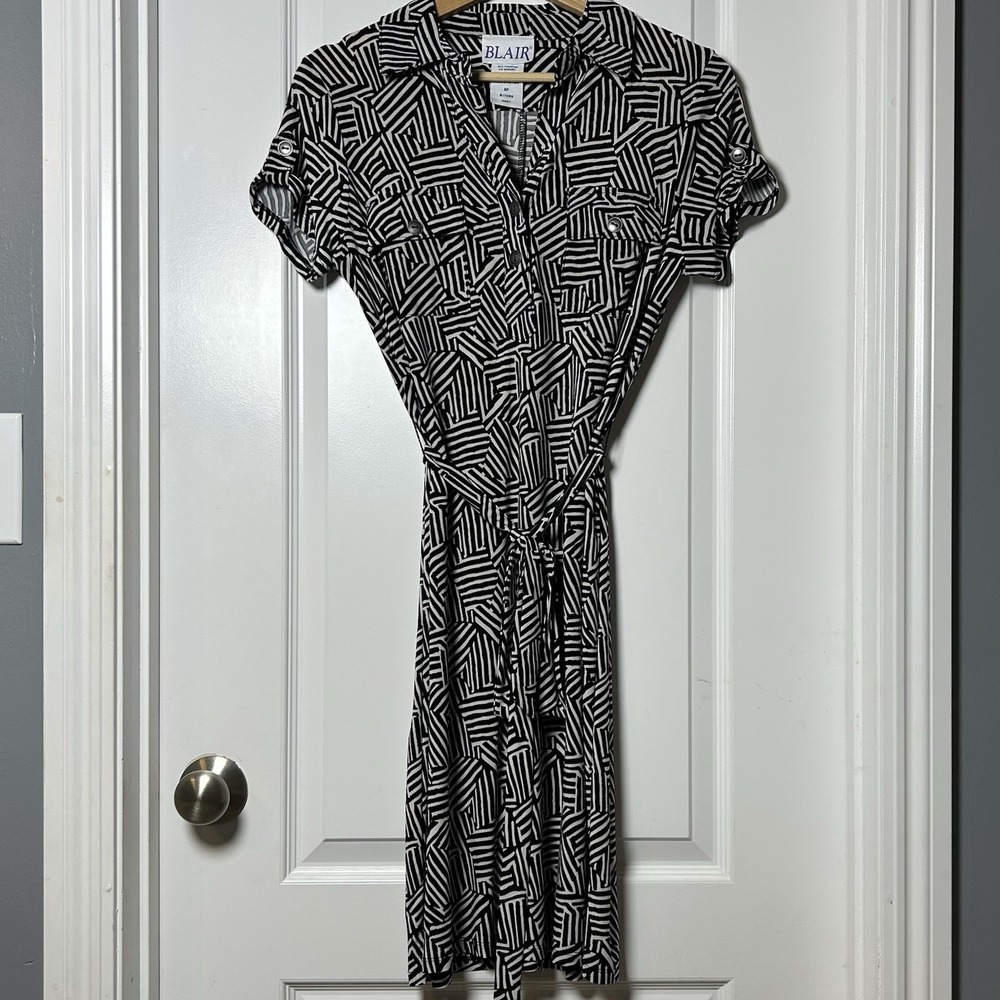 Blair Petite Black White Geometric Print Belted Waist Button Up Mini Shirt Dress